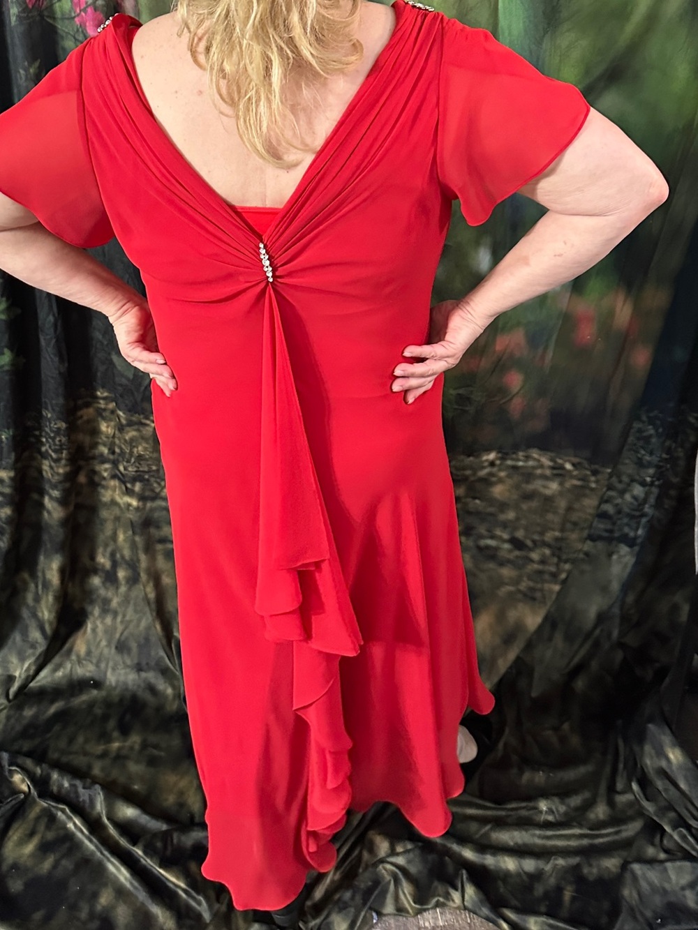 SL Fashion 16W Red Chiffon Cowl Neck, and rhinestone embellished Women's Dress - Picture 3 of 9